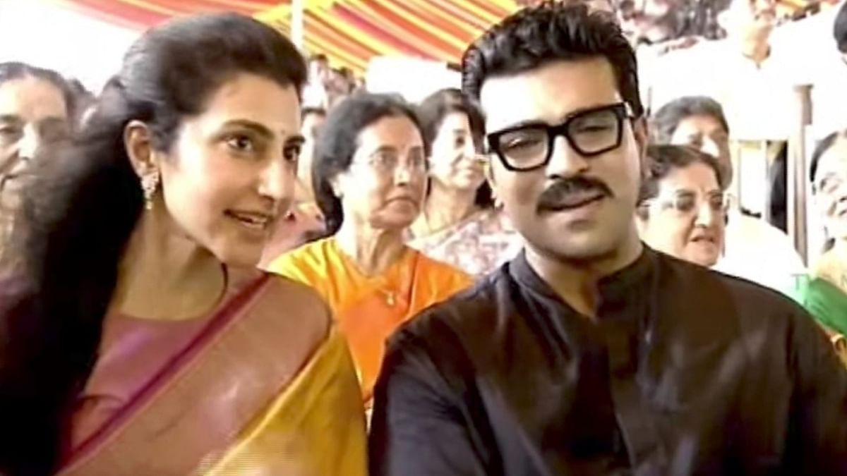 Ram Charan, who is gearing up for Game Changer, is one of the famous faces from the Telugu Cinema Industry to attend the swearing-in ceremony. In this photo, he is seen with Nara Lokesh's wife Nara Brahmani at the swearing in ceremony.