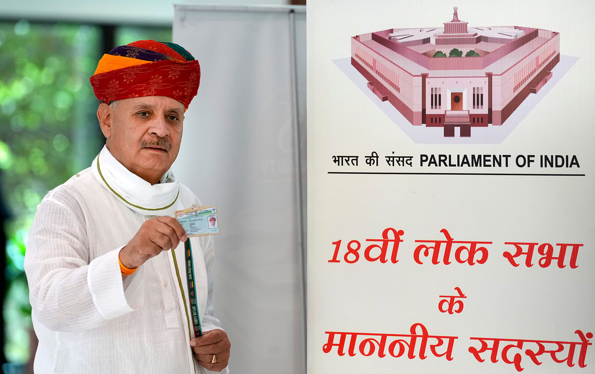 Newly elected BJP MP Rao Inderjit Singh after collecting his identification card at Parliament. 