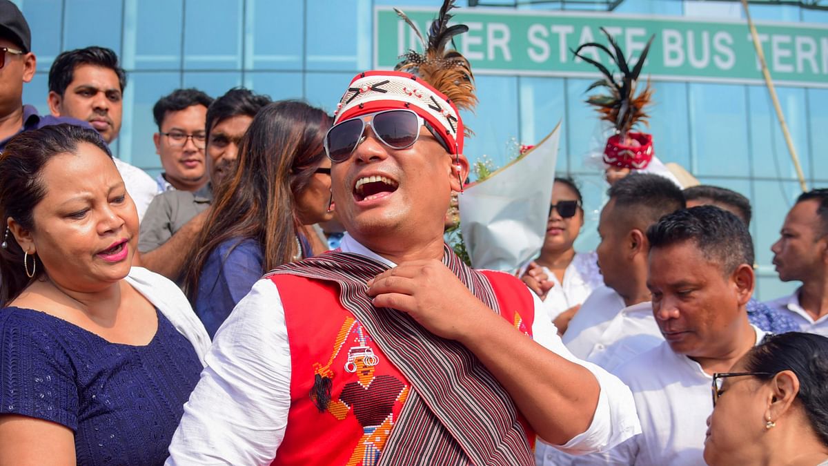 Congress candidate Saleng A Sangma in traditional attire being greeted after he won in the Tura LS Constituency, in Meghalaya.