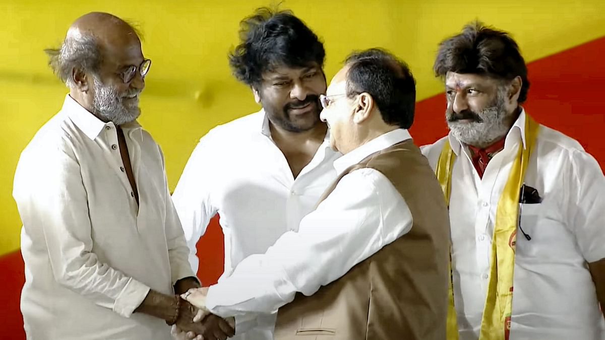Union Minister J P Nadda with Rajinikanth, K Chiranjeevi, and Nandamuri Balakrishna during the swearing-in ceremony of Nara Chandrababu Naidu as the Chief Minister of Andhra Pradesh, in Vijayawada.