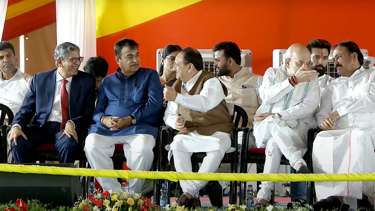 Former Vice President Venkaiah Naidu and Union Ministers Amit Shah, J P Nadda, and Nitin Gadkari attend the swearing-in ceremony of Nara Chandrababu Naidu as the Chief Minister of Andhra Pradesh, in Vijayawada.