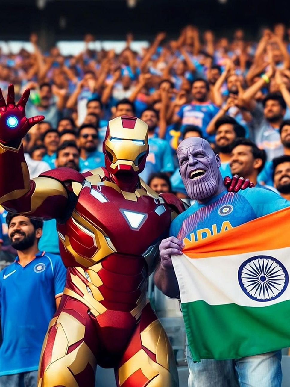 Not just politicians and celebrities, even the artists reimagined superheroes. In this photo, Iron Man is seen with Thanos.
