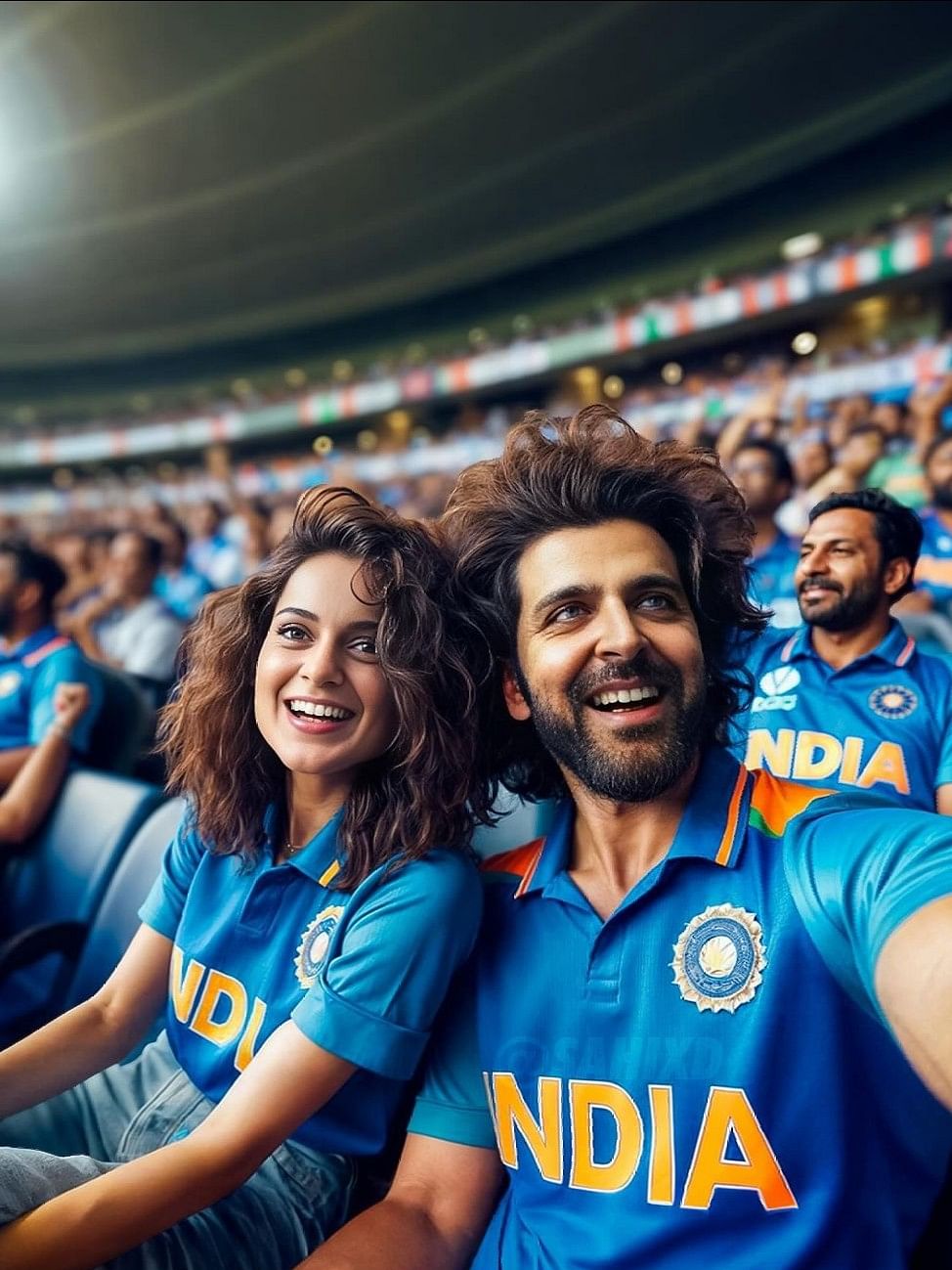 Kangana Ranaut with ex-boyfriend, Hrithik Roshan cheering for Team India.
