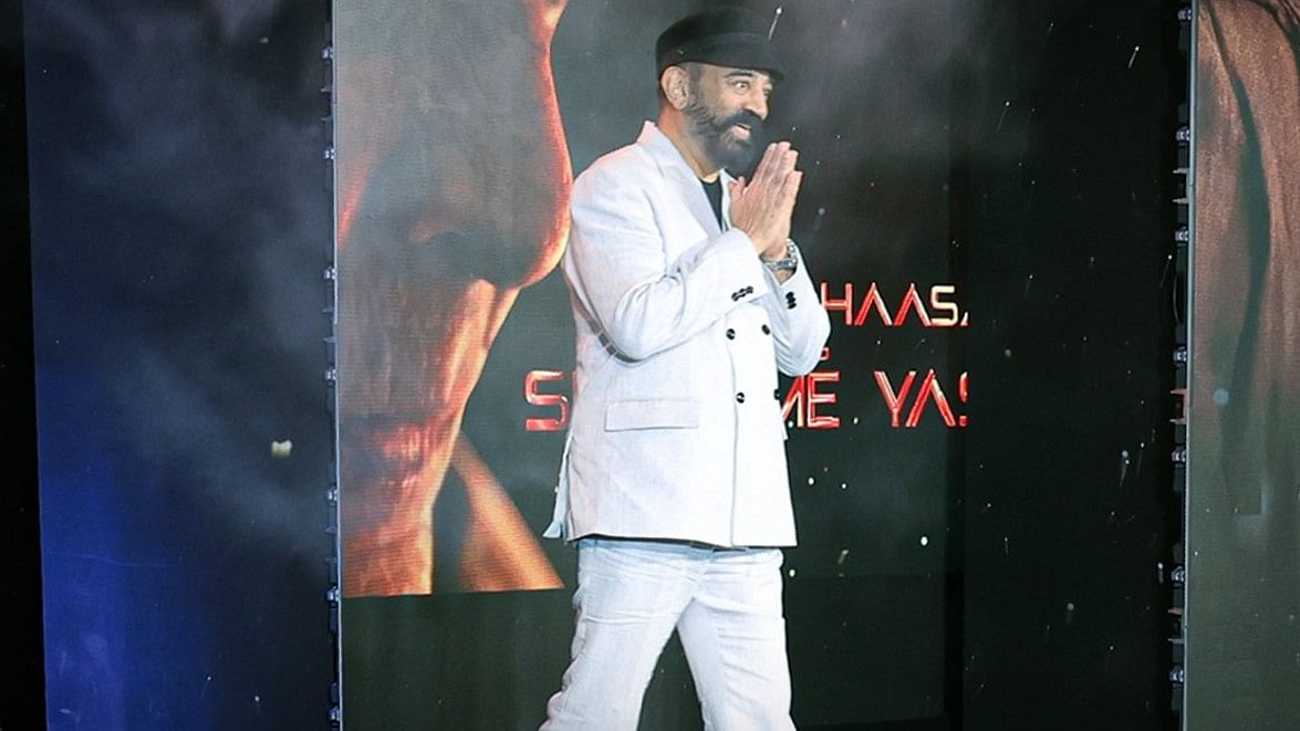 Ulaganayagan Kamal Haasan makes a grand entry on the stage during the pre-release event of Kalki 2898 AD, in Mumbai.