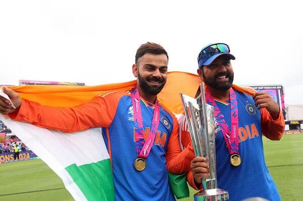 Skipper Rohit Sharma and superstar Virat Kohli pose together after India's thumping victory. The duo announced their retirement from T20 Internationals after playing monumental roles in the team's second world title conquest in the format.