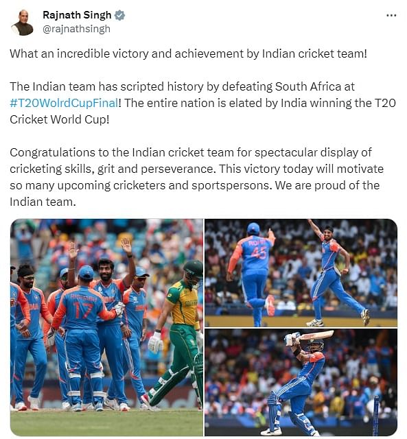 Defence Minister Rajnath Singh said the the victory will motivate many upcoming cricketers and sportspersons. "The entire nation is elated by India winning the T20 Cricket World Cup! Congratulations to the Indian cricket team for spectacular display of cricketing skills, grit and perseverance," he said.