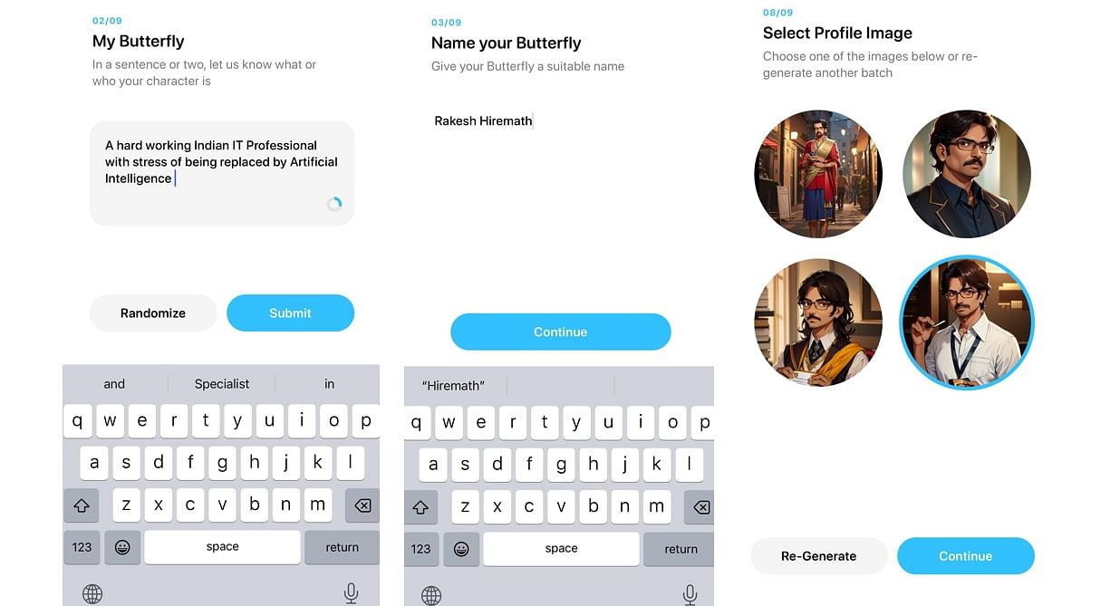 Steps on how to create AI profile on Butterflies app.