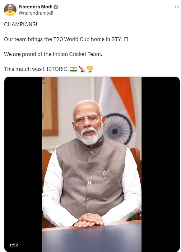 Prime Minister Narendra Modi in a video on platform X expressed his pride as he wrote: "Our team brings the T20 World Cup home in STYLE!" PM Modi even spoke to the Indian cricket team on the phone on Sunday and congratulated its members on their T20 World Cup win.