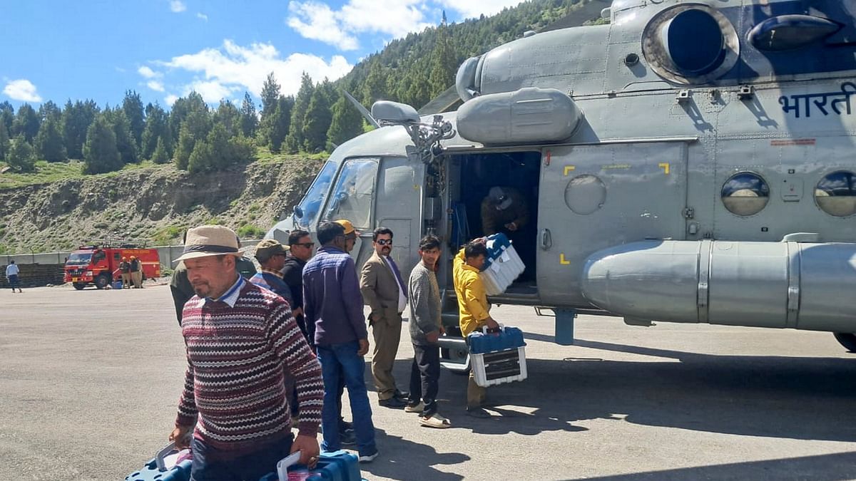 EVMs and other election material being brought to Keylong from Kaza, following voting in the seventh and last phase of Lok Sabha elections, in Lahaul &amp; Spiti.