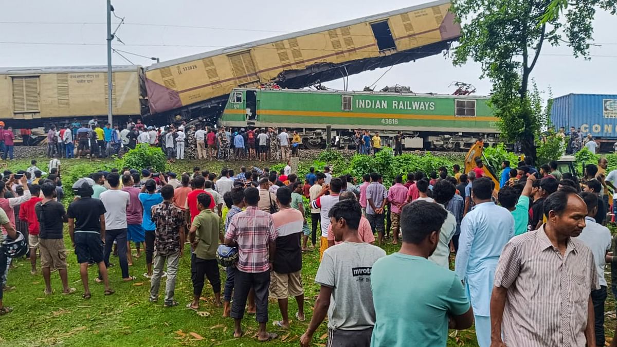 Visuals from the accident site where locals gather after a collision between the Kanchanjungha Express and a goods train.