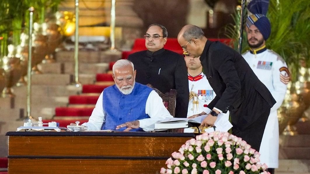 PM-designate Narendra Modi takes oath as prime minister for the third consecutive term, at Rashtrapati Bhavan in New Delhi.