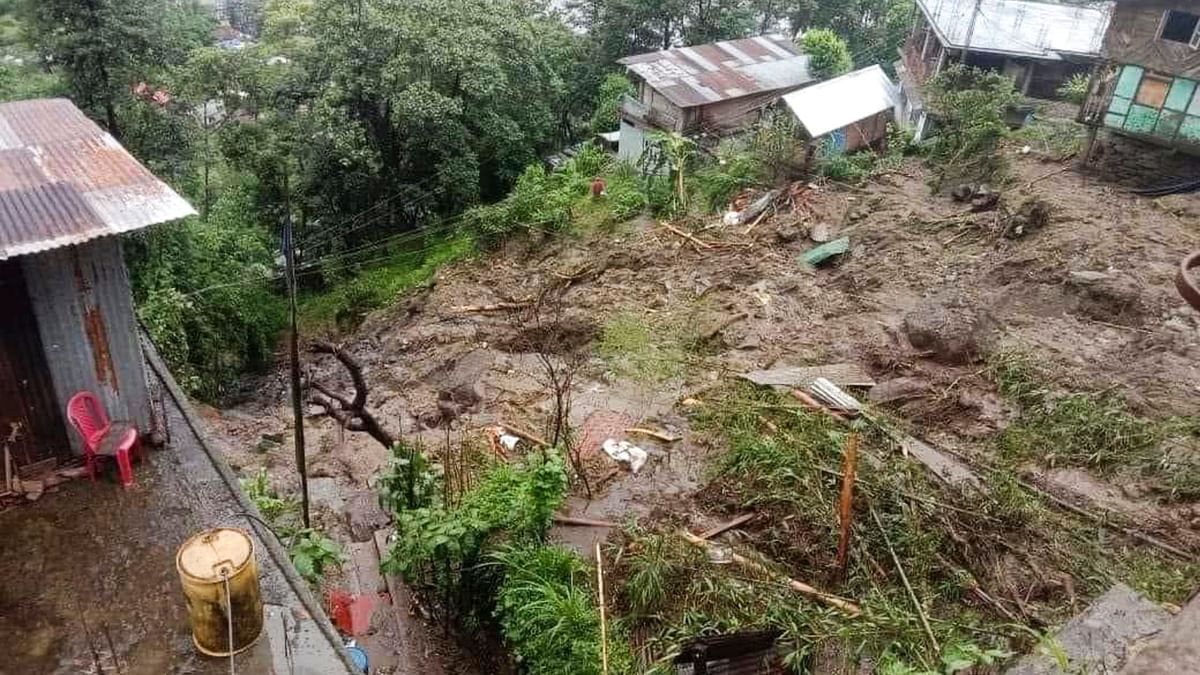 Houses collapsed due to a landslide triggered by incessant rainfall, at Mangan in North Sikkim.