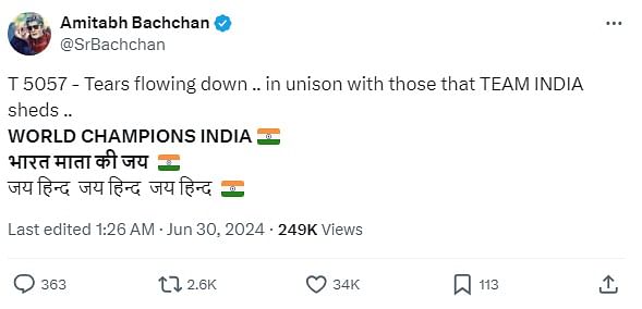 As Big B celebrated Team India's T20 World Cup victory, the actor wrote: "Tears flowing down .. in unison with those that TEAM INDIA sheds ..". Meanwhile, on his Tumblr blog, he wrote that he did not watch TV because whenever he does, India loses the match.