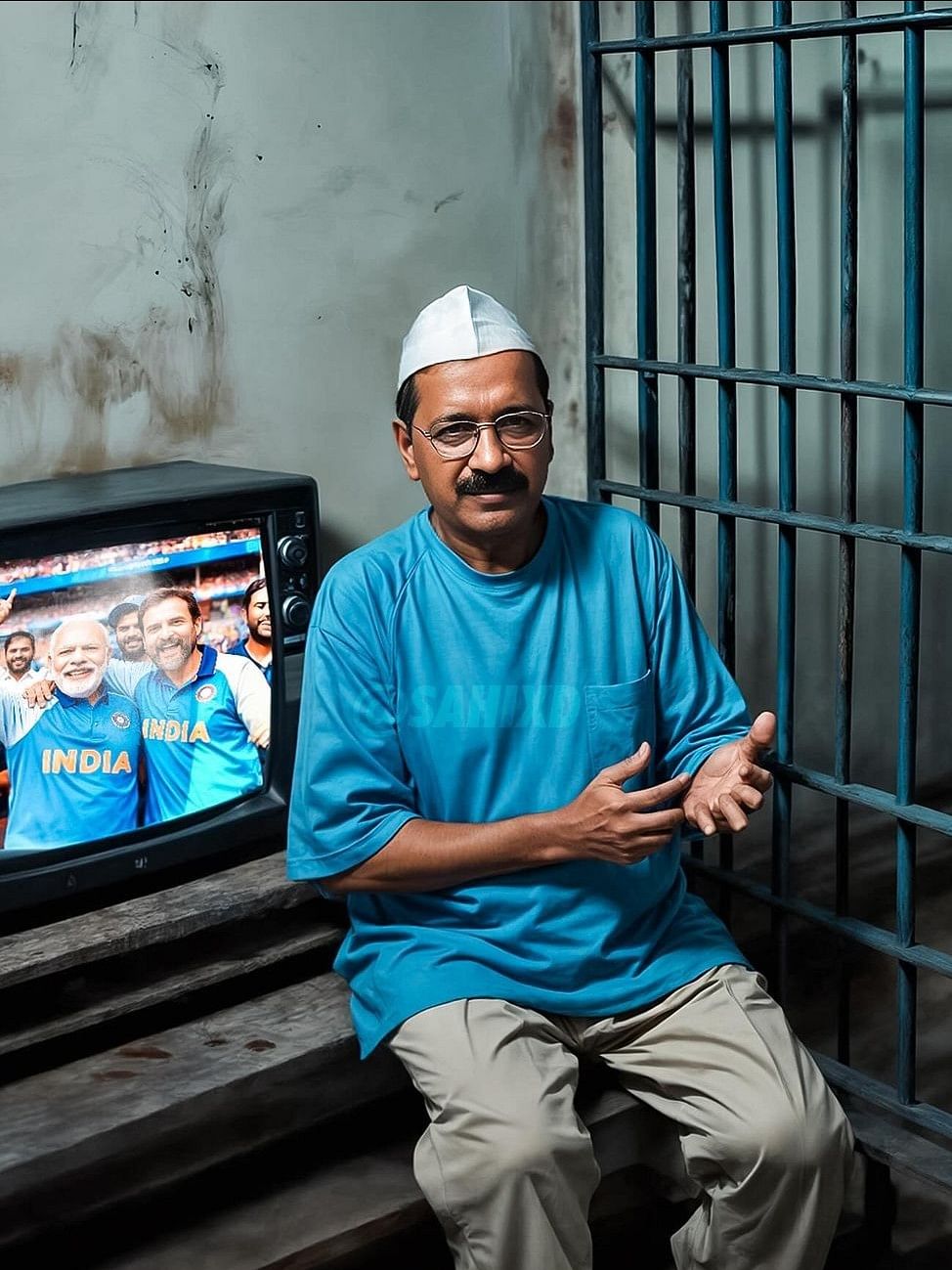 The artist also reimagined AAP supremo Kejriwal enjoying the match from the jail.