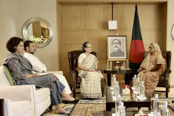 Prime Minister of Bangladesh Sheikh Hasina with CPP chairperson Sonia Gandhi, former Congress president Rahul Gandhi, and AICC General Secretary Priyanka Gandhi Vadra during a meeting, in New Delhi, Monday, June 10, 2024. 