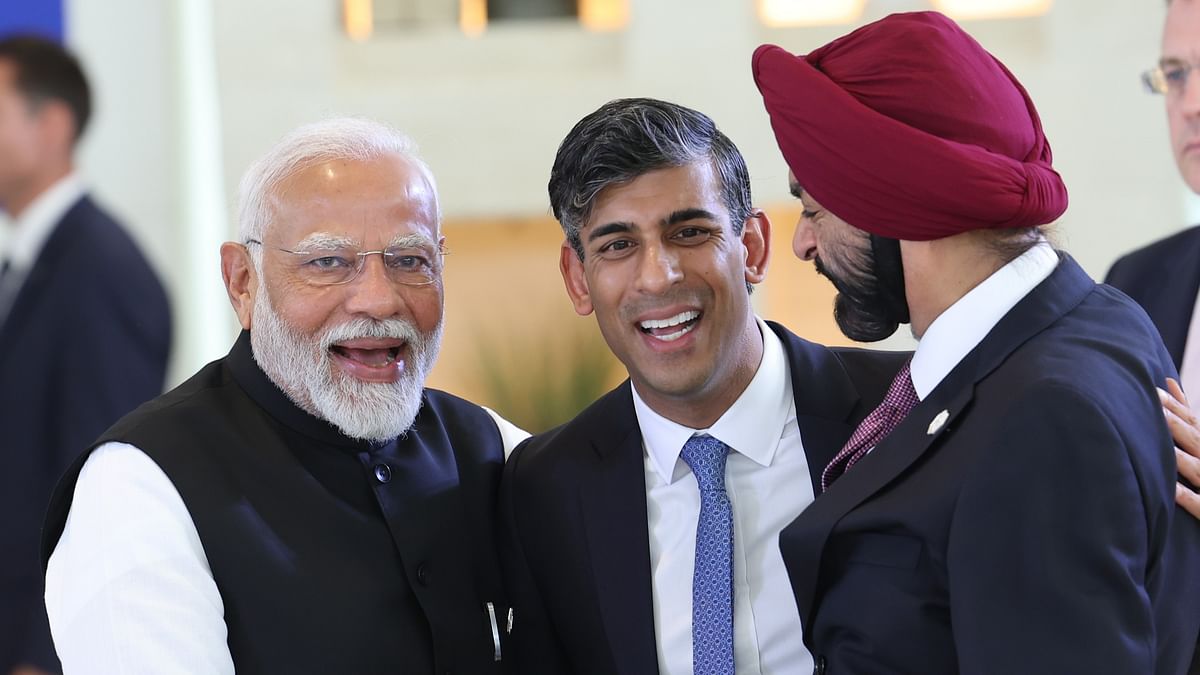 Prime Minister Narendra Modi with UK Prime Minister Rishi Sunak and President of the World Bank Ajay Banga during G7 Summit in Bari, Italy.