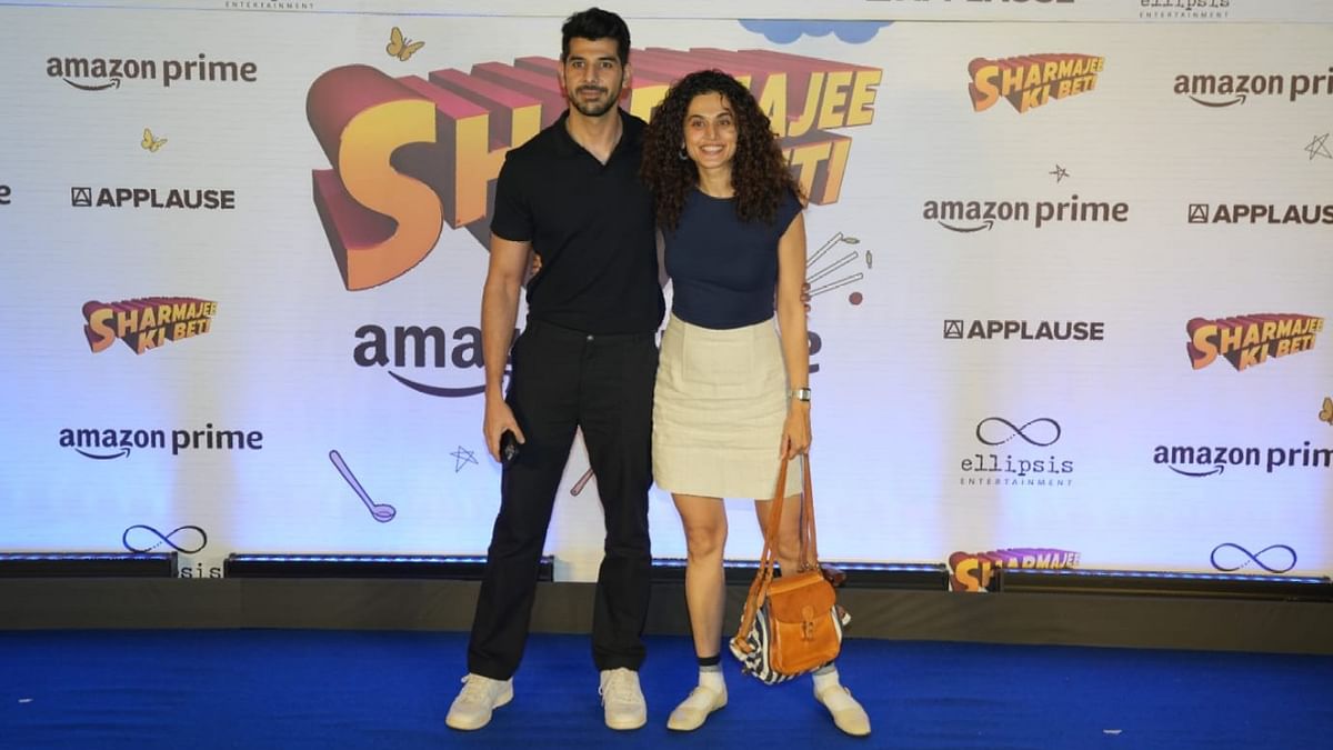 Pavail Gulati and Taapsee Pannu pose together for a photo as they arrive for the Sharmajee Ki Beti screening, in Mumbai.