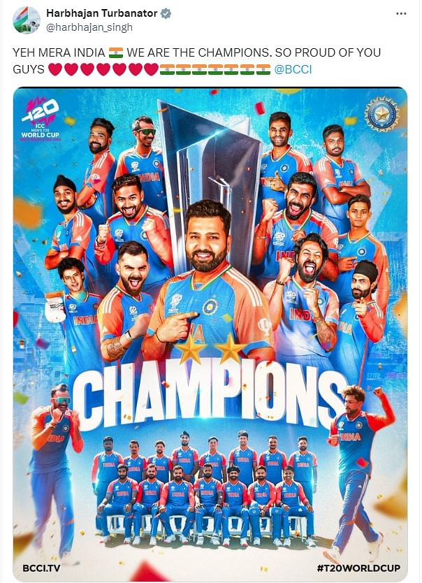 “YEH MERA INDIA. WE ARE THE CHAMPIONS. SO PROUD OF YOU GUYS. (This is my India. We are the champions, so proud of you guys.),” wrote former spinner Harbhajan Singh.