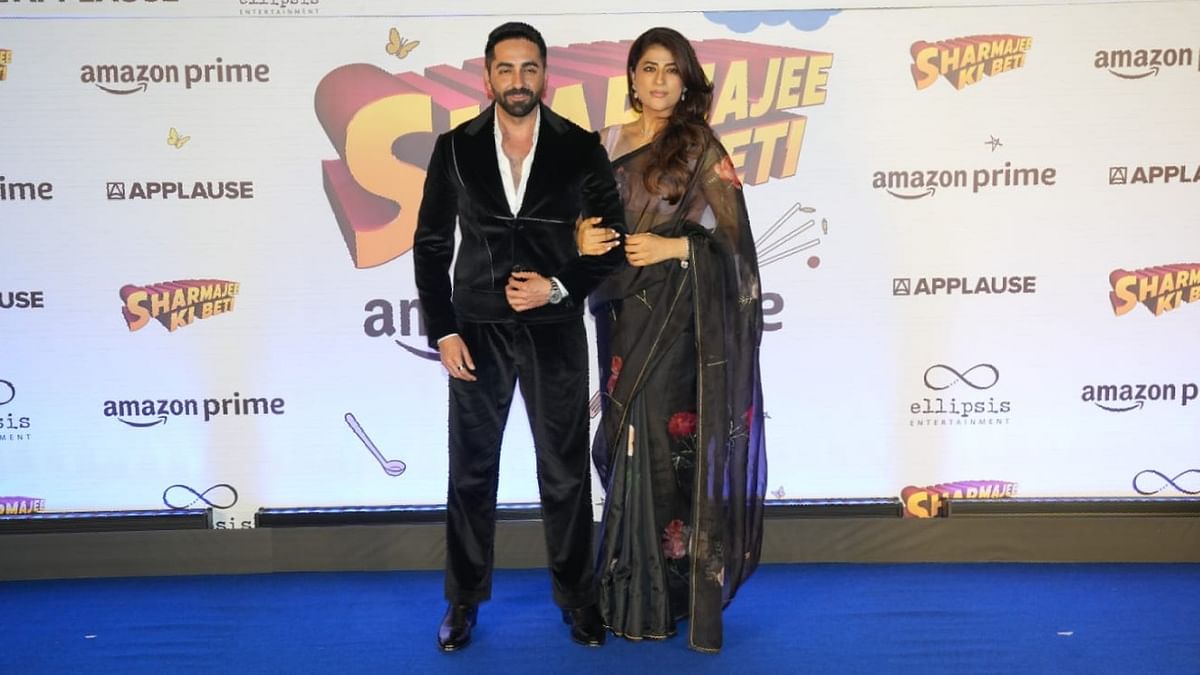 Ayushmann Khurrana poses with his wife Tahira Kashyap during the premiere of her directorial debut, Sharmajee Ki Beti, in Mumbai.