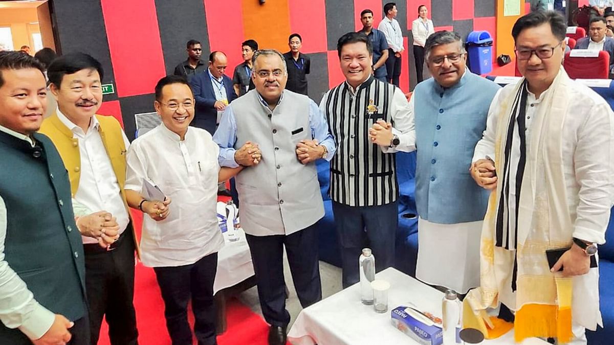 Union Minister Kiren Rijiju, Sikkim CM Prem Singh Tamang, Arunachal Pradesh Chief Minister Pema Khandu, BJP National General Secretary Tarun Chugh and MP Ravi Shankar Prasad during the swearing-in ceremony of Pema Khandu, in Itanagar.