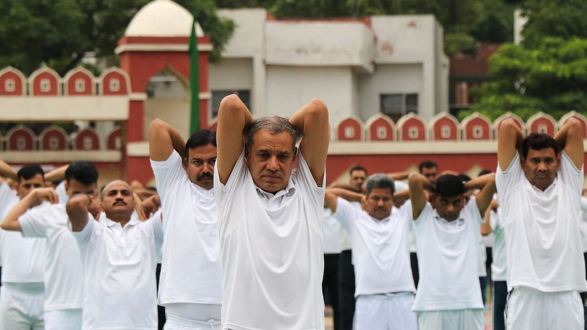 Border Security Force (BSF) Inspector General (IG) D.K. Boora performs yoga on the 10th International Day of Yoga, in Jammu.