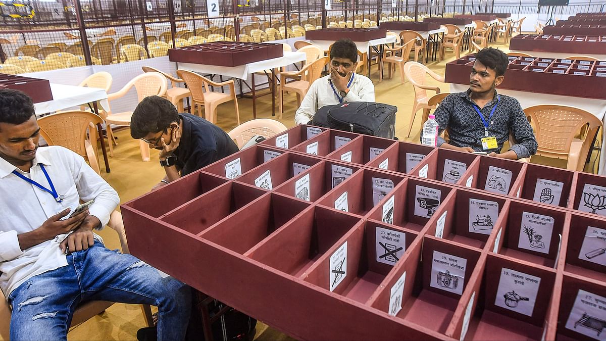 Polling officials at a counting centre a day before counting of votes for the Lok Sabha elections, in Mumbai.