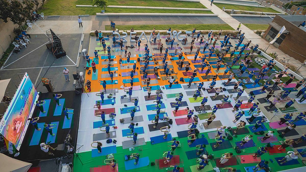 People practice yoga at a program in Tel Aviv, Israel.