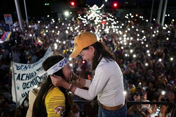 Venezuelan opposition leader Maria Corina Machado attends a rally, as she tours the country despite not being able to run in the upcoming presidential elections, in San Cristobal, Tachira state, Venezuela  