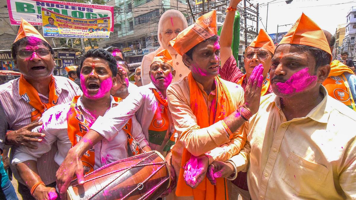 BJP supporters during celebrations ahead of the swearing-in ceremony of Prime Minister-designate Narendra Modi for the third consecutive term, in Patna.