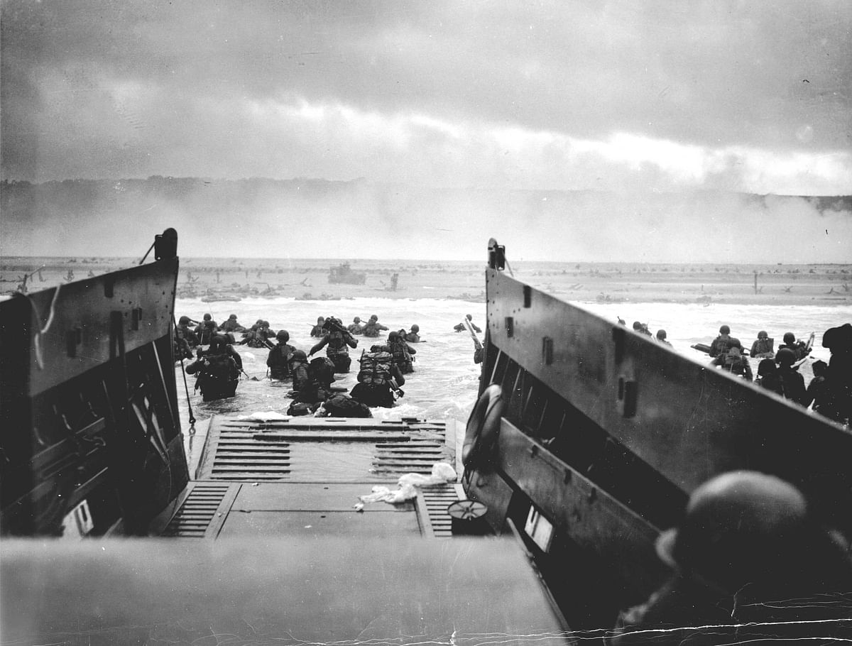 A LCVP (Landing Craft, Vehicle, Personnel) from the US Coast Guard-manned USS Samuel Chase disembarks troops of the US Army's First Division on the morning of June 6, 1944.