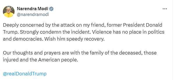 Indian Prime Minister Narendra Modi called Trump a friend and wished him a speedy recovery while saying, 'Strongly condemn the incident. Violence has no place in politics and democracies.'