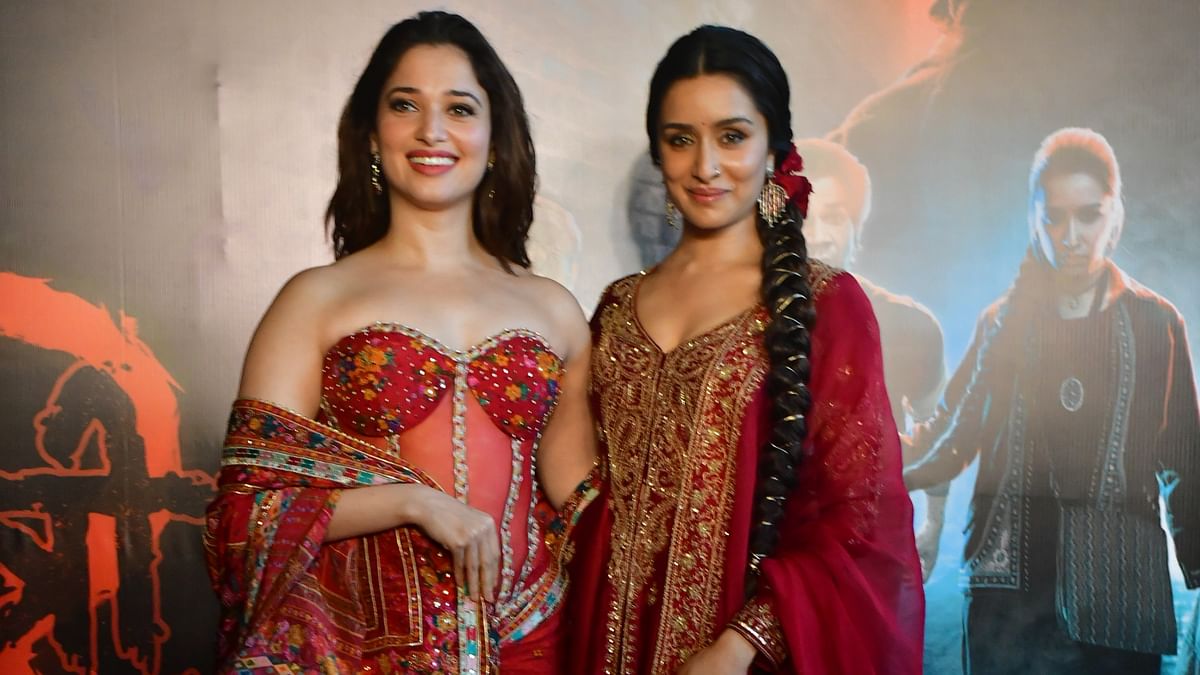 Tamannaah Bhatia and Shraddha Kapoor pose together for a photo during  ‘Aaj Ki Raat’ song launch from Stree 2 in Mumbai.