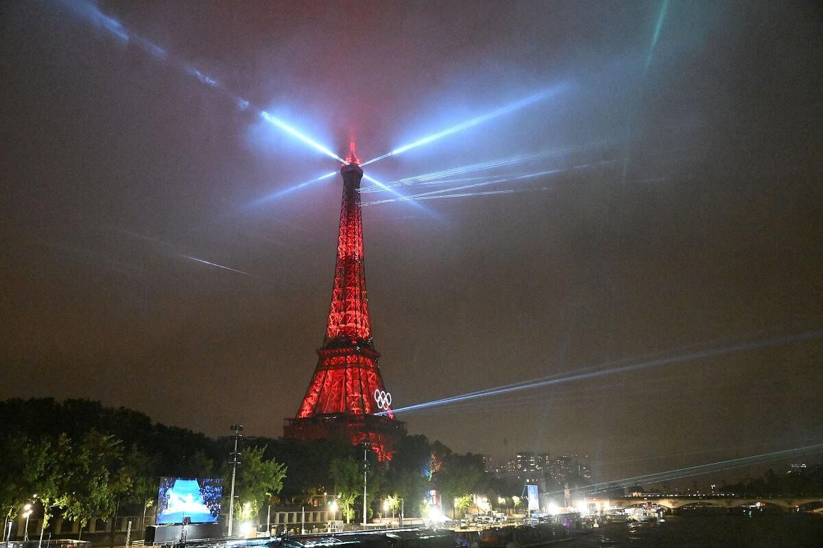 Lights illuminate the Eiffel Tower during the opening ceremony.