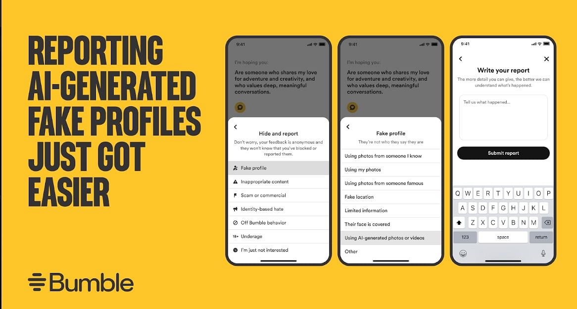 Bumble app update brings security option to report AI-generated profiles on its date service.