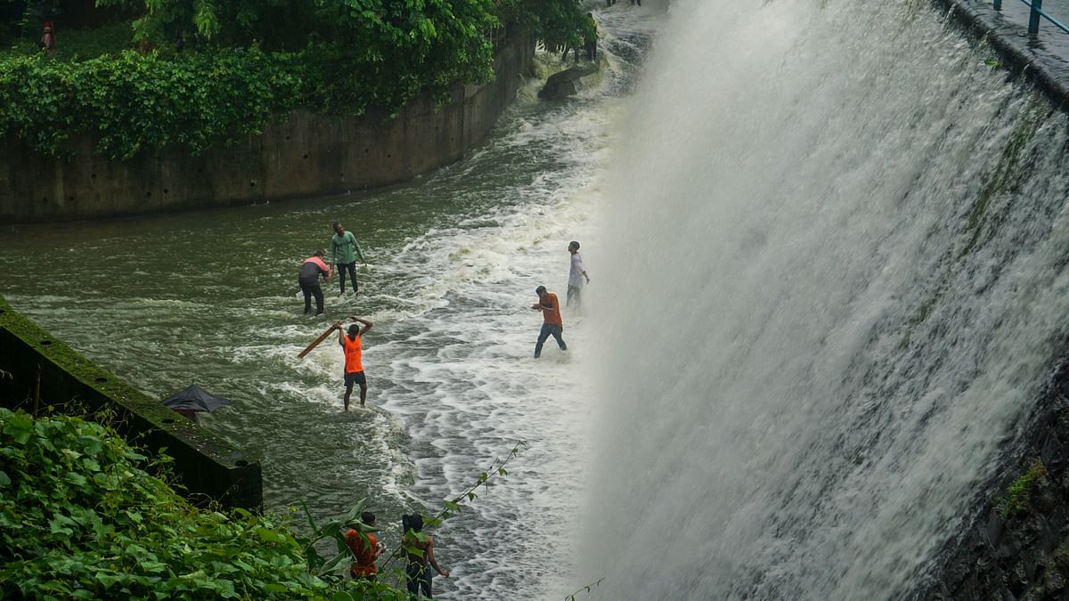 Powai dam overflows due to incessant monsoon rains in Mumbai.