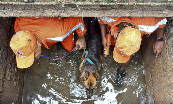 NDRF and SDRF personnel conduct a search operation for an 8-yeay-old boy who was washed away by floodwater, at Jyotinagar area in Guwahati, Assam.