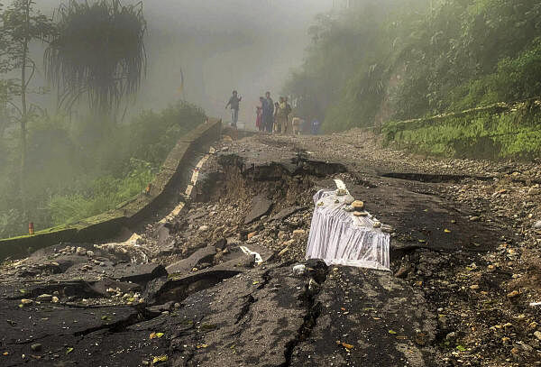 Portions of the National Highway 55 damaged due to rainfall and landslides, near Kurseong of Darjeeling district, West Bengal on July 9, 2024. 