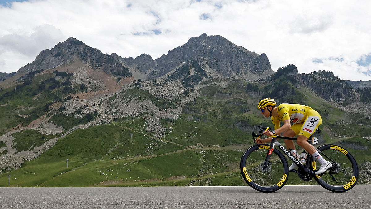 UAE Team Emirates' Tadej Pogacar in action during stage 14 of Tour de France, July 14, 2024.