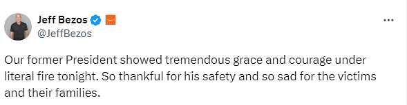 The CEO of Amazon, Jeff Bezos condemned the assassination attempt on Donald Trump and said that he is thankful for Trump's safety and so sad for the victims and their families.