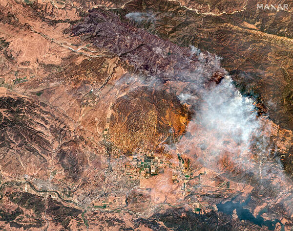 A satellite image shows the Lake Fire burning in Santa Ynez, Santa Barbara County, California, US on July 9, 2024.  