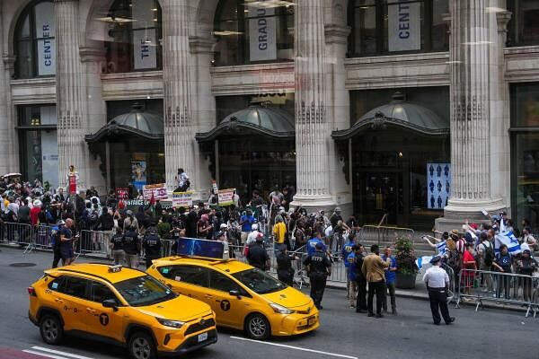 Pro-Israel counter protestors gather as Pro-Palestinian supporters protest against City University of New York (CUNY) college allowing the filming of an FBI: Most Wanted episode fictionalising a Gaza Solidarity Encampment in New York City.