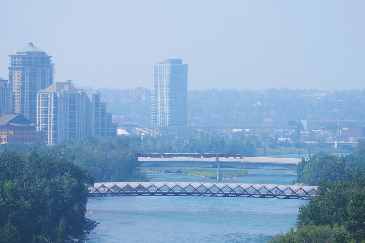 Smoke from wildfires in British Columbia and Alberta blanket the downtown core of Calgary. 