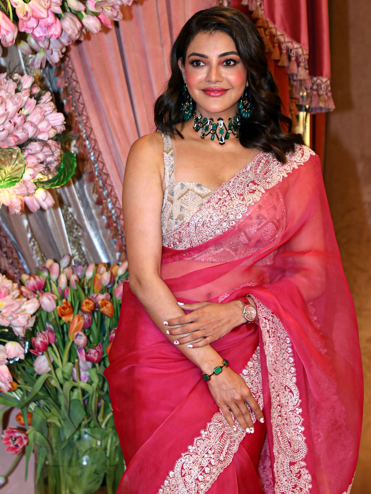 Kajal Aggarwal looked stunning in a pink designer saree.