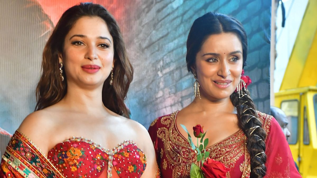 Tamannaah Bhatia poses with Shraddha Kapoor during ‘Aaj Ki Raat’ song launch from Stree 2, in Mumbai.  