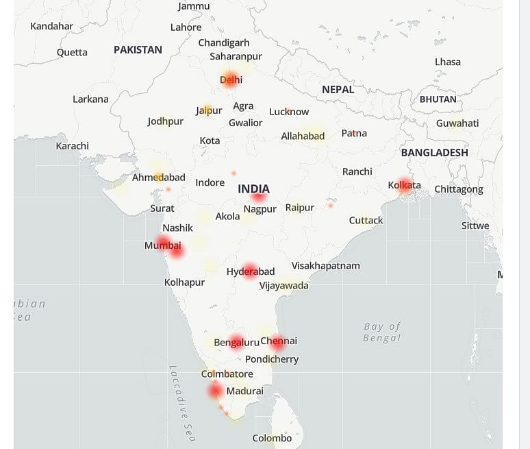 Heatmap showing Microsoft 365 outage in major cities across India.