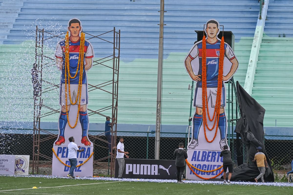 Cut-outs of Bengaluru FC players at  the Bangalore Football Stadium in Bengaluru on Sunday.