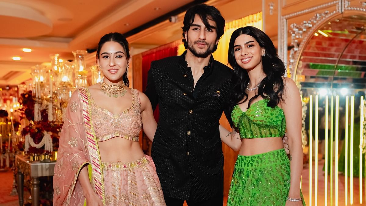 Ibrahim Ali Khan flanked by Sara Ali Khan and Khushi Kapoor during the wedding of Anant Ambani and Radhika Merchant.