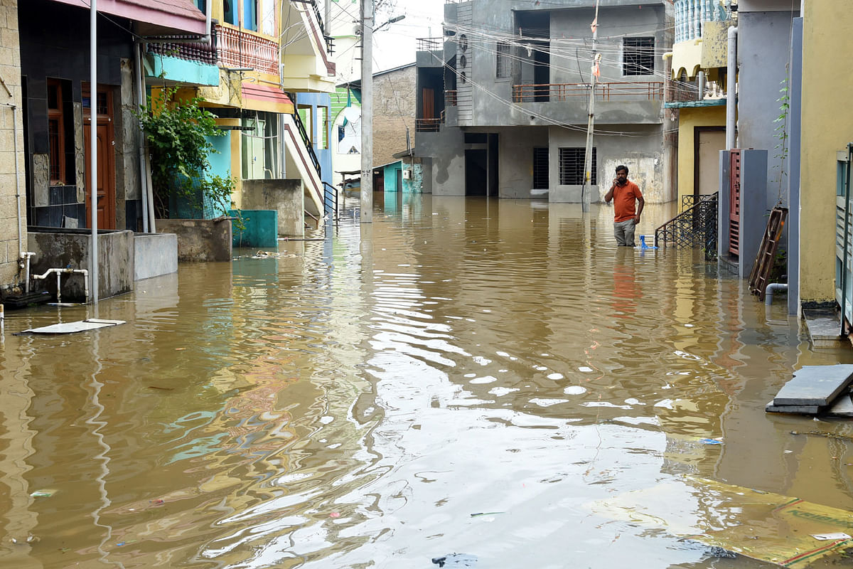 A street in Gokak is flooded by flood water.