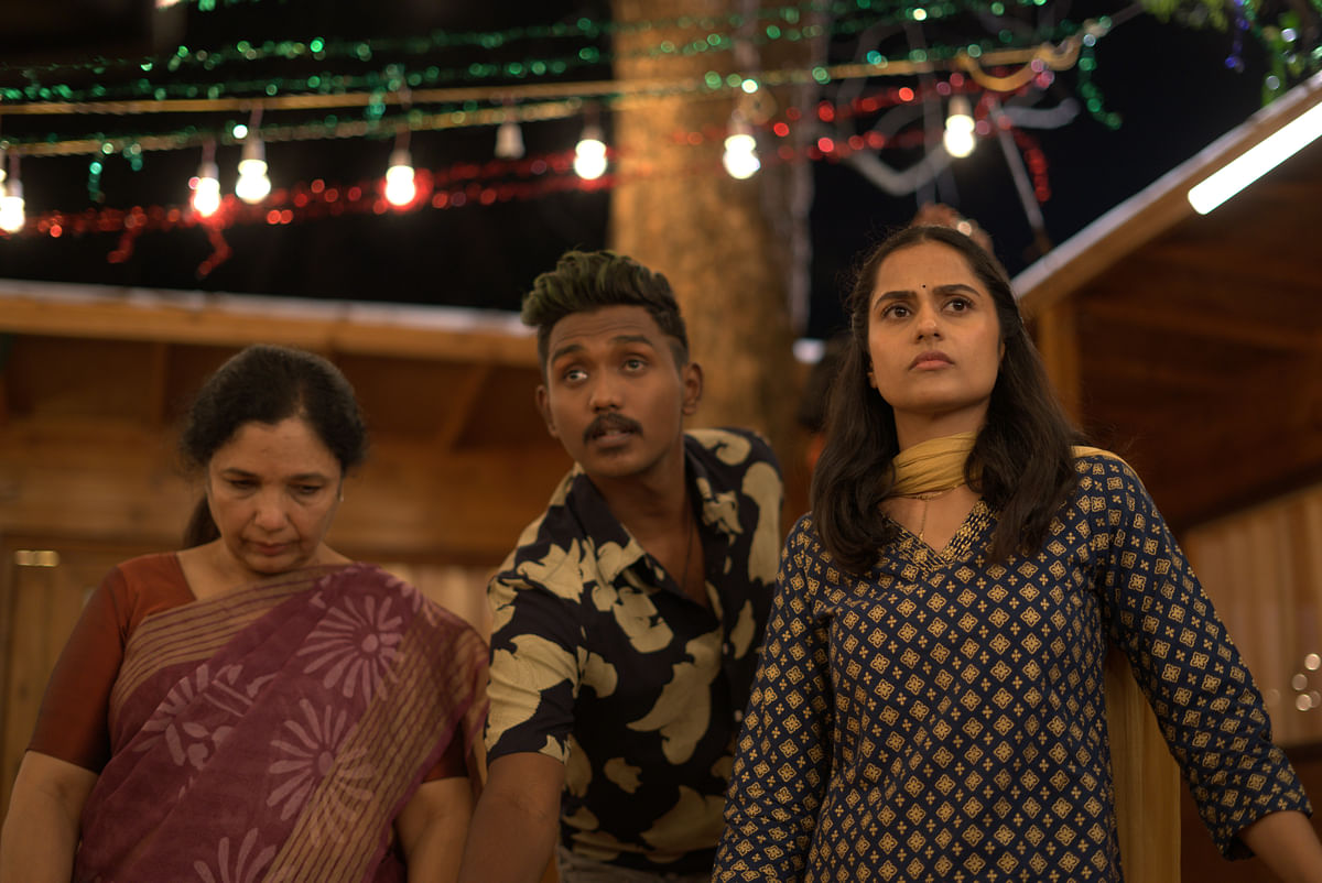 Rekha Kudligi, Abhay S and Sindhu Sreenivasa Murthy in the film.