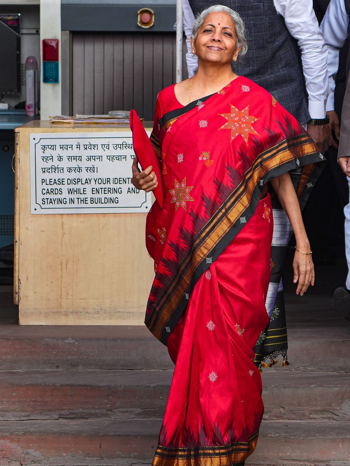 Union Budget 2023-24: Finance Minister opted for a vibrant red silk saree featuring black temple motif borders that highlighted Kasuti embroidery from Karnataka's Dharwad region.